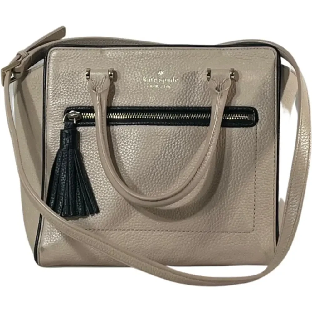 Kate Spade NY Beige Pebbled Leather Double Handle Zip Shoulder Bag Tassel